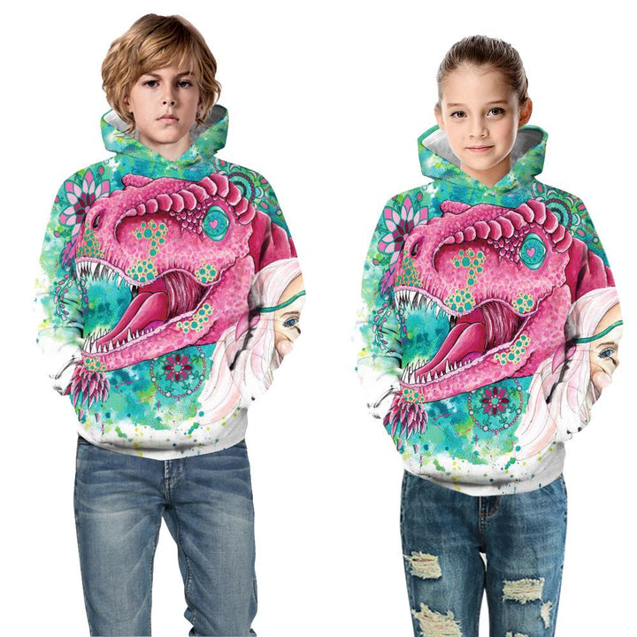 Kids Hoodie Childhood Girl and  Trex Dinosaur  Color Printing Sweatshirt - mihoodie