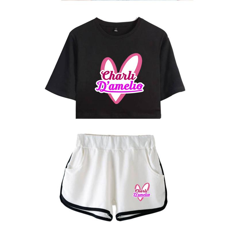 Casual Stylish Charli D'Amelio Midriff-baring Tees Shorts Running Tops Girls Sport Shorts - mihoodie