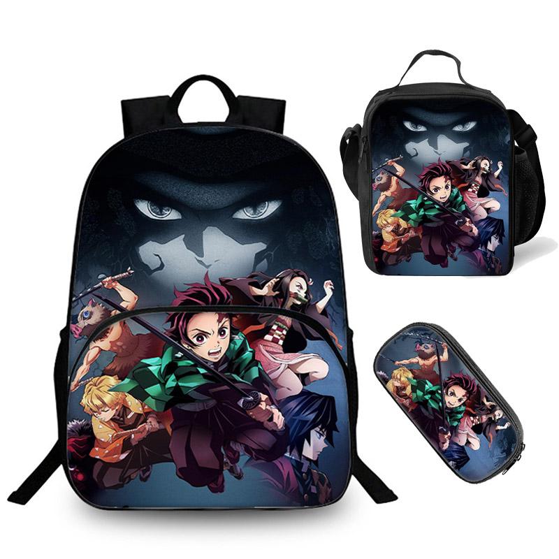 Demon Slayer 3D Print Backpack for Boys Girls School Bookbag Lunch Bag Pencil Bag 3 in 1 - mihoodie