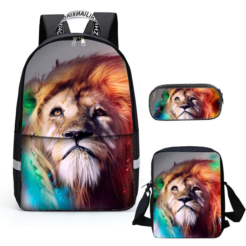Unique  Designs 3D Animal  Lion School Backpack With Lunch bag Pencil Case - mihoodie