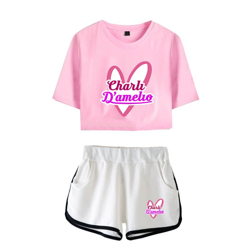 Casual Stylish Charli D'Amelio Midriff-baring Tees Shorts Running Tops Girls Sport Shorts - mihoodie