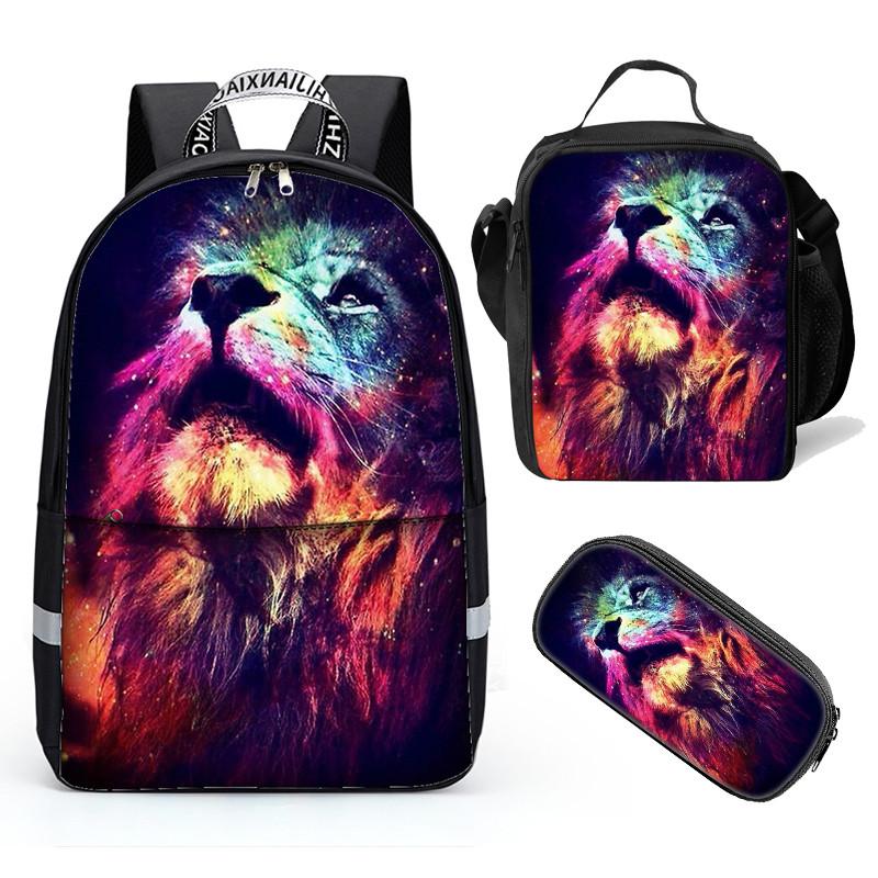 Deeprint Cool 3D  Lion  Student  Bookbag Lightweight Laptop Bag with Shoulder Bags and Pen Case for Teen Boys and Girls - mihoodie