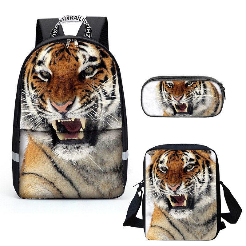 3 In 1 School Backpacks Teens Girls Boys Preschool Shoulder Bagpack+Cooler Warm Lunch Pouch+Zipper Closure Pencil Case Cool 3D Tiger Bookbags Sets - mihoodie