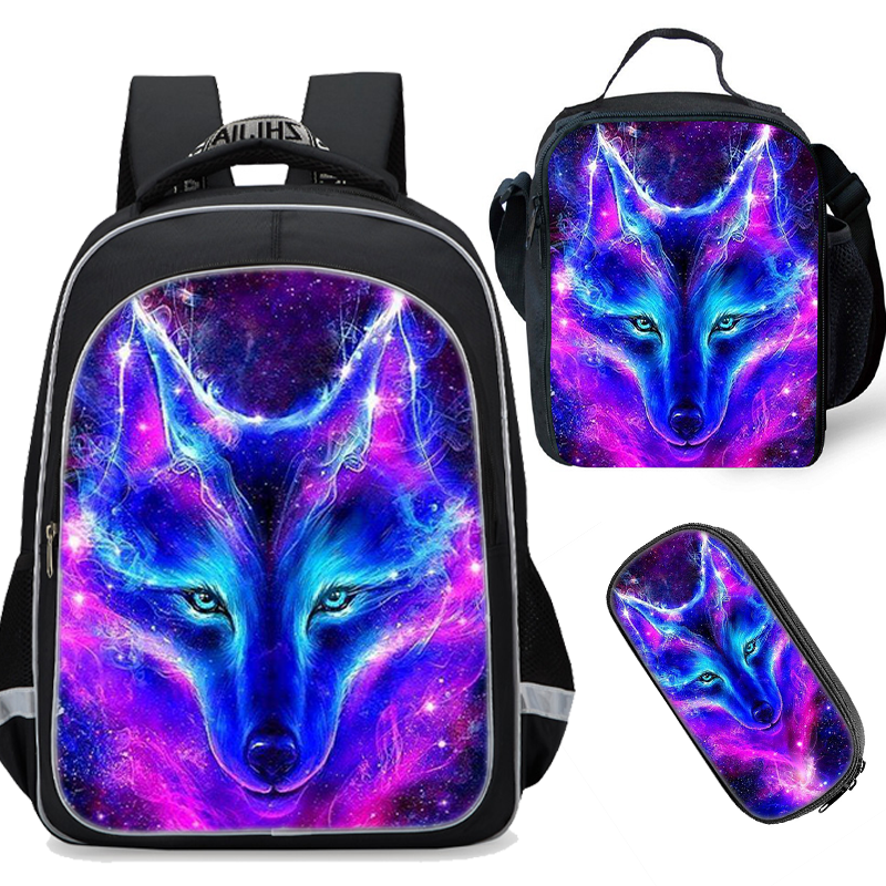Galaxy Blue Wolf Backpack Lunch Bag Pencil Case - mihoodie