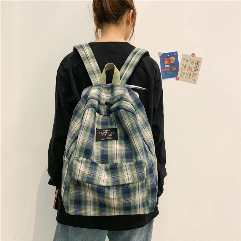 Jsvery 2022 Fashion Plaid Canvas Women Backpack College Student Backpack Teenage Girl School Bags Large Capacity Waterproof Travel Rucksack - mihoodie