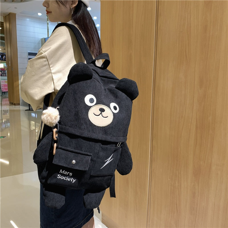 New Corduroy Cute Bear Women Backpack Female Embroidery Big Winter Schoolbag Multi-pocket Travel Bag for Teenage Girls - mihoodie