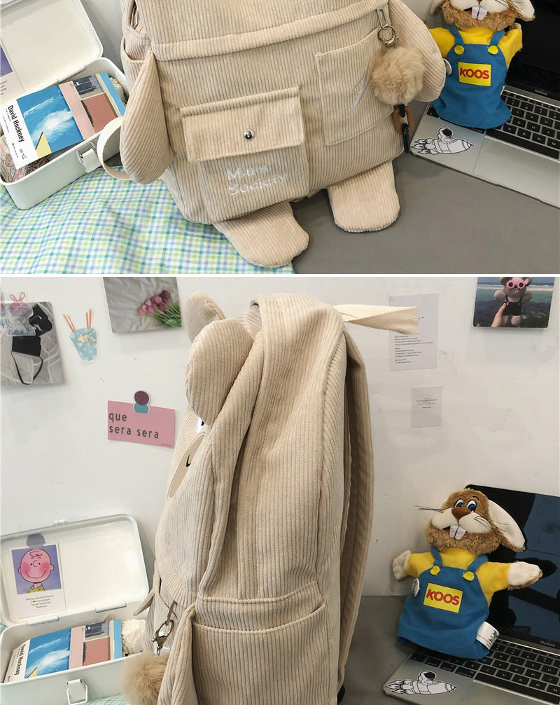 New Corduroy Cute Bear Women Backpack Female Embroidery Big Winter Schoolbag Multi-pocket Travel Bag for Teenage Girls - mihoodie