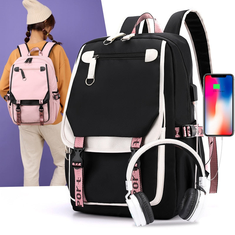 Trendy large school bags for teenage girls USB port canvas schoolbag student book bag fashion black pink teen school backpack - mihoodie