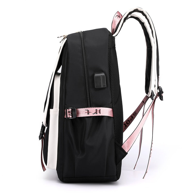 Trendy large school bags for teenage girls USB port canvas schoolbag student book bag fashion black pink teen school backpack - mihoodie