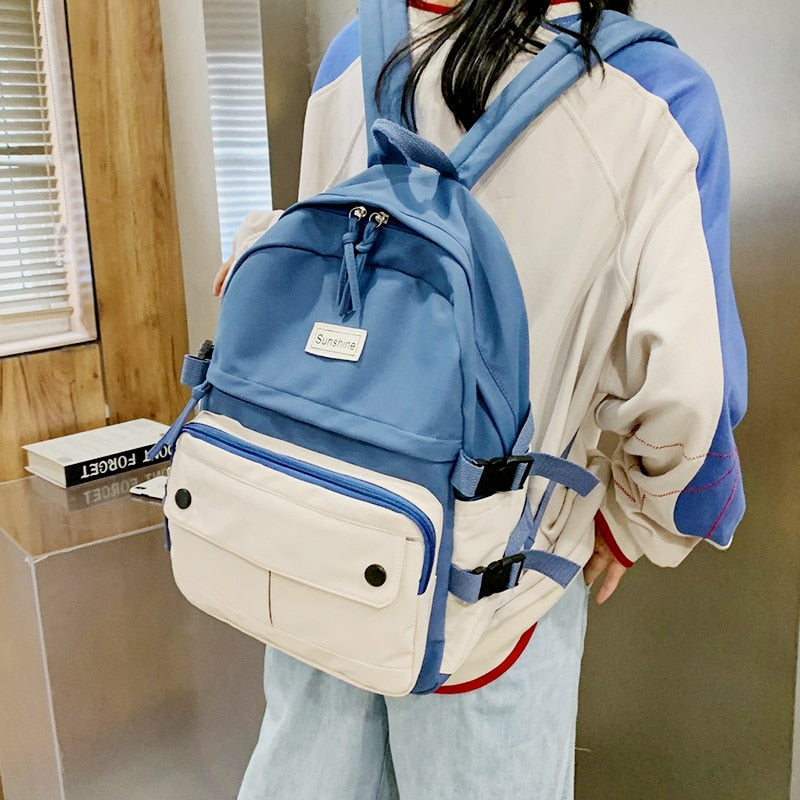 Jsvery 2022 New Arrival Stitching Contrast Women's Backpack Fashion Harajuku Cute Student Canvas School Bag Kawaii Girl Casual Travel Backpack Female - mihoodie