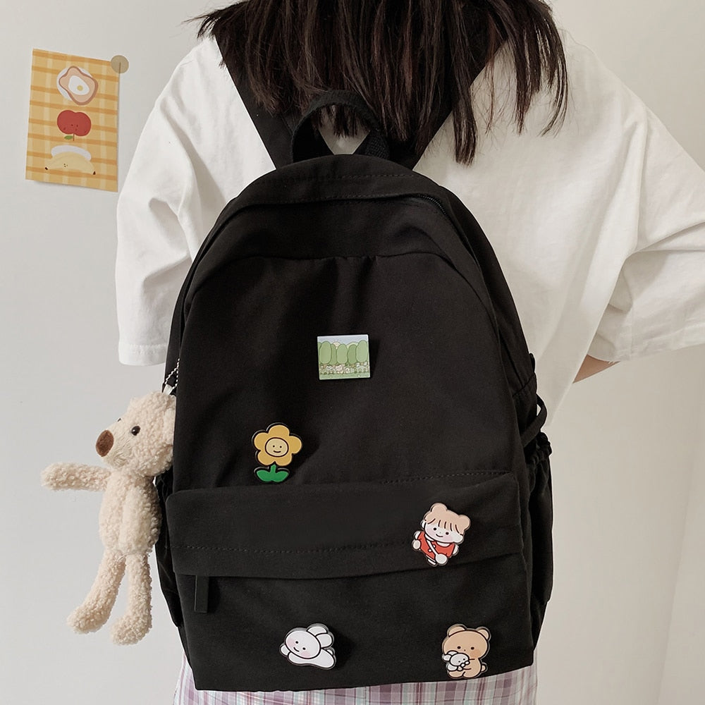 Jsvery 2022 Women Nylon Cute Backpack Bear Female Student College School Bag Badge Girl Doll Backpack Kawaii Book Ladies Fashion Bags Trendy - mihoodie