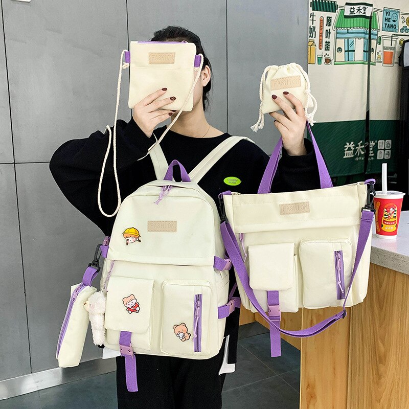 Jsvery 2022 New 5 Pcs Set Backpacks Cute School Bags For Teenage Girls Women Backpack Casual Canvas Teen Student Shoulder Bags Mochila Escolar - mihoodie