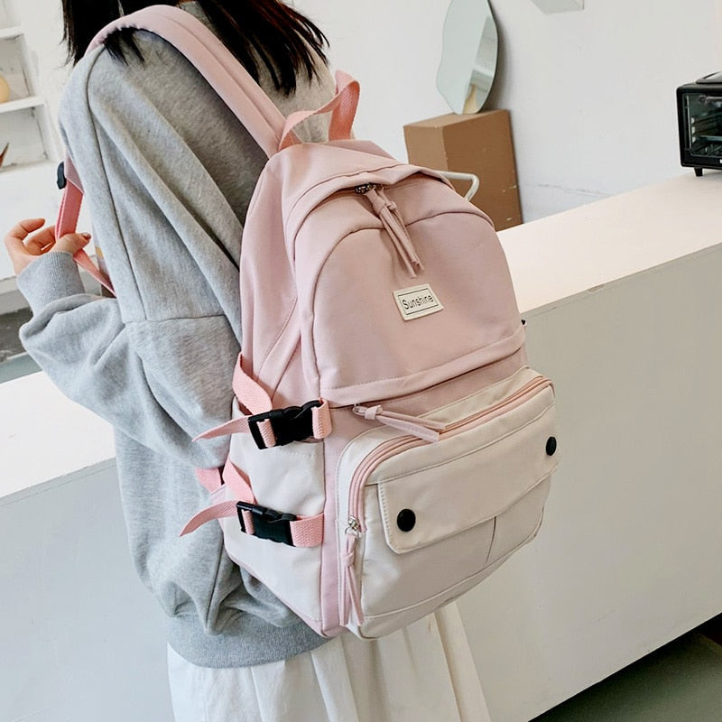 Jsvery 2022 New Arrival Stitching Contrast Women's Backpack Fashion Harajuku Cute Student Canvas School Bag Kawaii Girl Casual Travel Backpack Female - mihoodie
