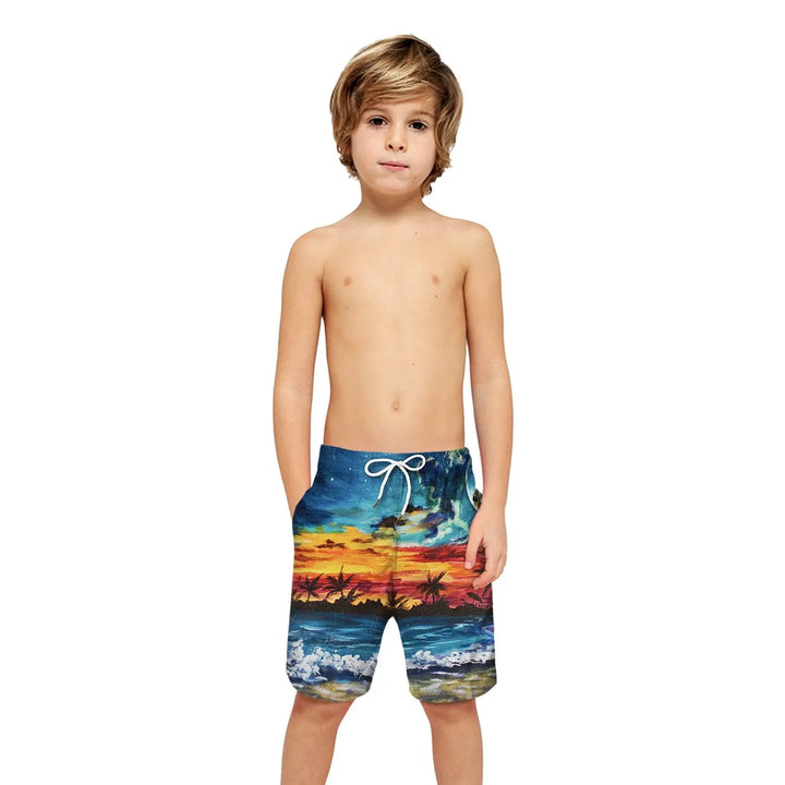 Kids  Green Leaves 3D Beach Shorts - mihoodie