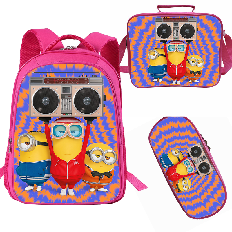 Girls Minions Pink School Backpack Lunch Bag Pencil Case 3 in 1 Cute Book Bag - nfgoods