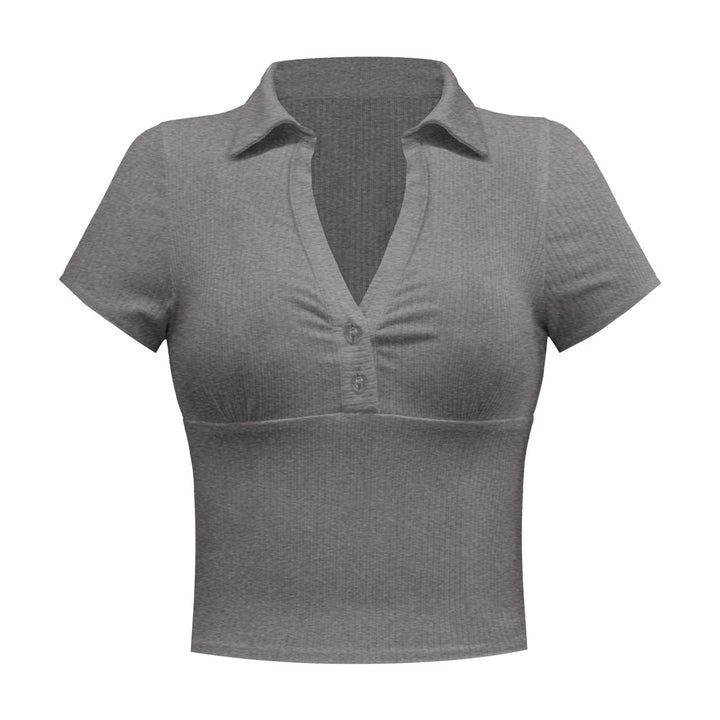 Womens Crop Polo Shirts Collared Ribbed Sexy V Neck Workout Short Sleeve Slim Fit Tops - mihoodie