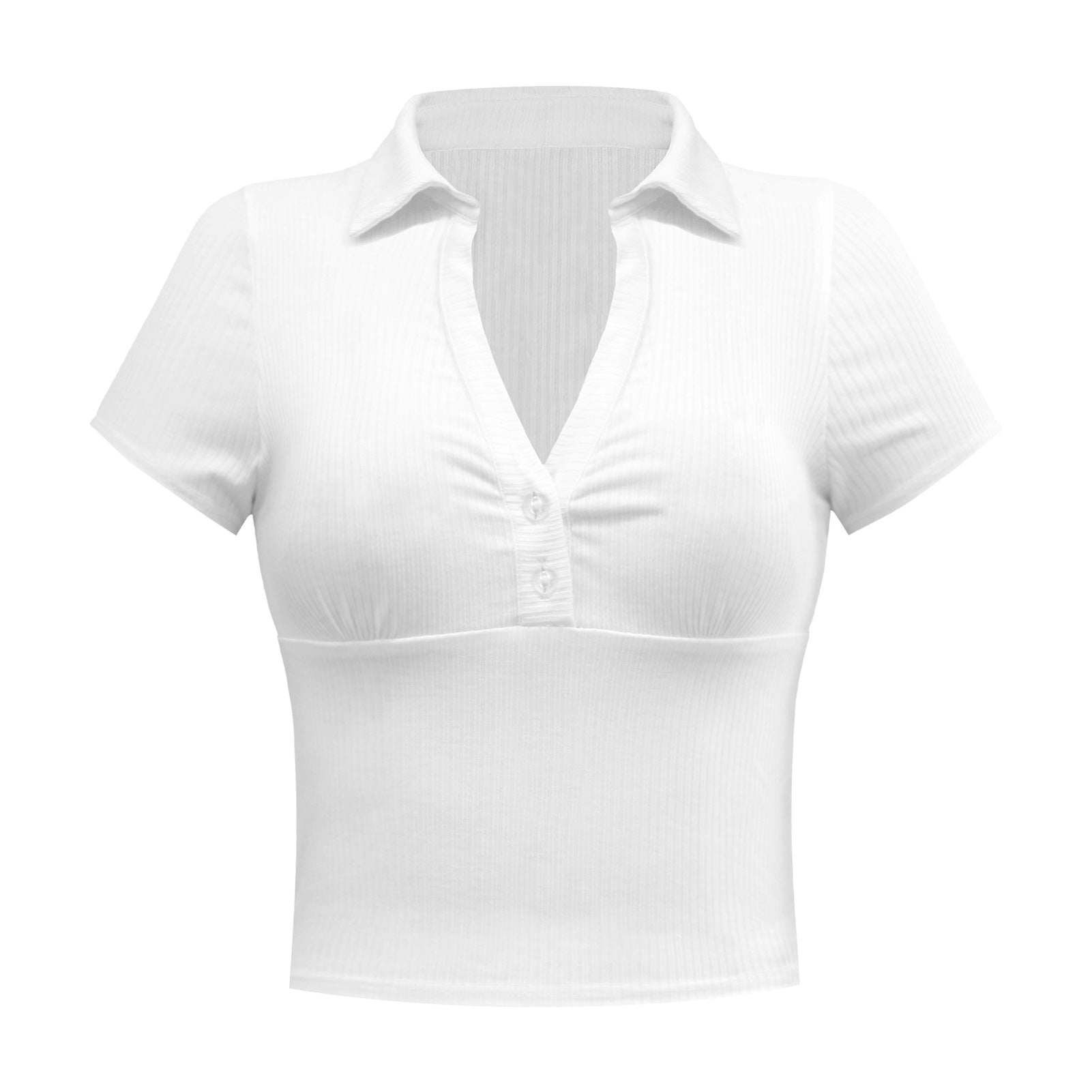 Womens Crop Polo Shirts Collared Ribbed Sexy V Neck Workout Short Sleeve Slim Fit Tops - mihoodie
