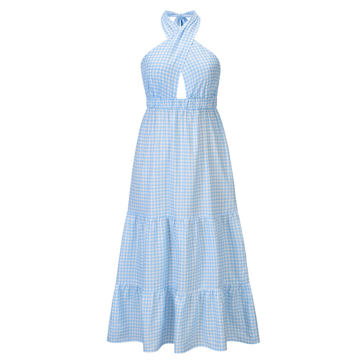 Summer Open Back Waist Slim Dress Temperament Checkerboard Plaid Dress - mihoodie