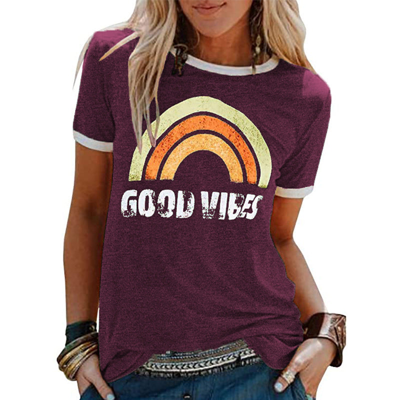 Women's Good Vibes Rainbow Casual Soft Top Tee Hipster T-Shirt - mihoodie