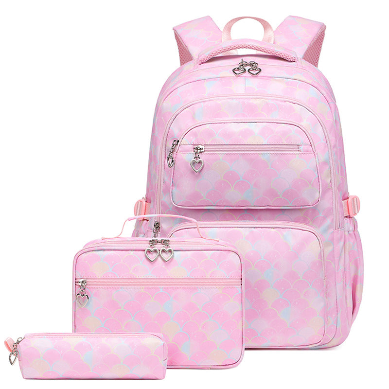 Mermaid scale Backpack for Primary School Cute Printing Durable Bookbag with Lunch Box Pencil Case Top Level - mihoodie
