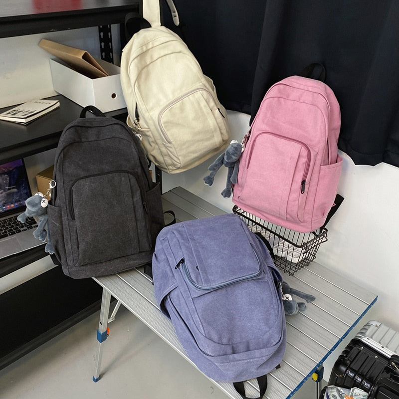 Jsvery 2022 Quality Canvas Women Backpack Solid Color Unisex Laptop Backpack Fashion Casual Student Schoolbag Large Capacity Travel Backbag - mihoodie