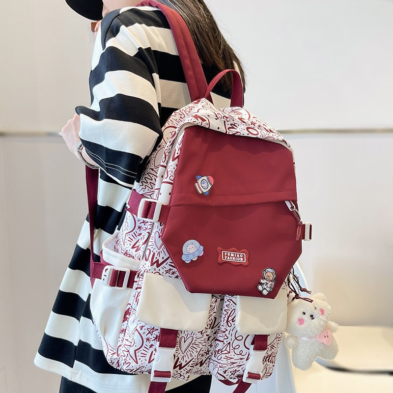 Jsvery 2022 Fashion Women Cartoon Print School Bag Trendy Lady Badge College Backpack Cute Girl Travel Book Backpack Female Laptop Nylon Bag - mihoodie
