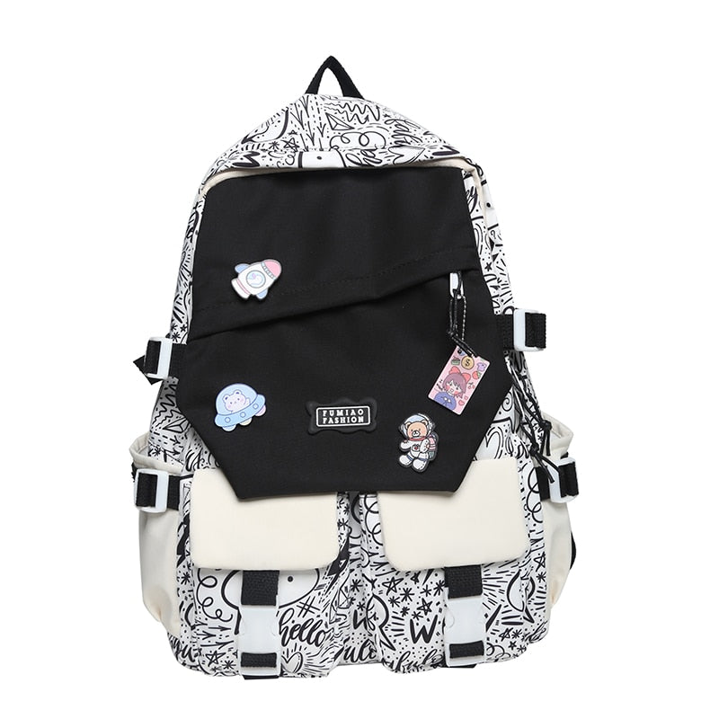 Jsvery 2022 Fashion Women Cartoon Print School Bag Trendy Lady Badge College Backpack Cute Girl Travel Book Backpack Female Laptop Nylon Bag - mihoodie