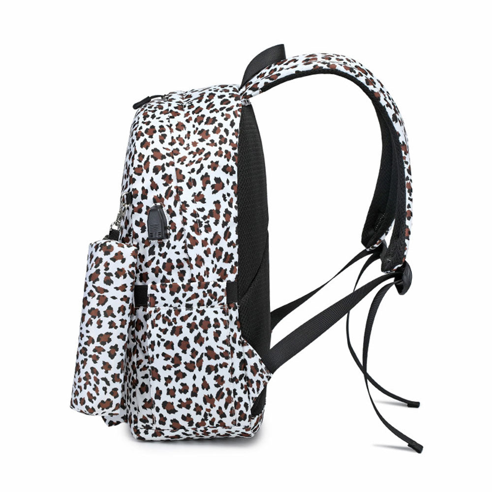 Stylish Leopard Printing Canvas Bookbag Set Girls 3 in 1 Backpack Set with USB Charging Port - mihoodie