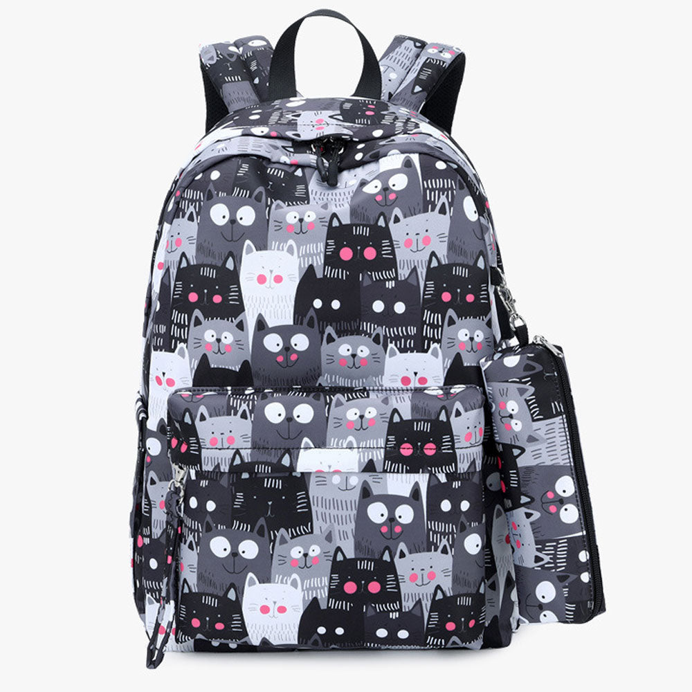 Cute Cat Printing Backpack Set for Girls 3 Pieces Waterproof School Bookbag with USB Charging Port - mihoodie
