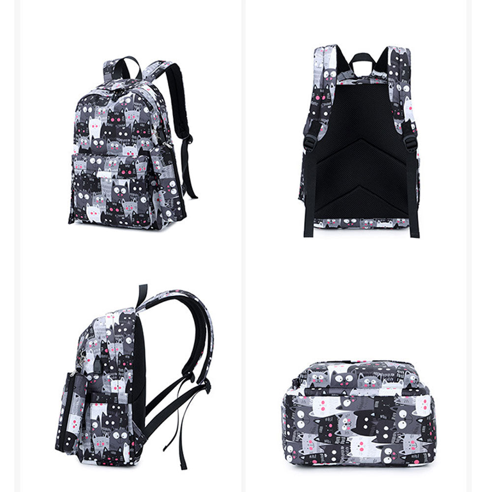 Cute Cat Printing Backpack Set for Girls 3 Pieces Waterproof School Bookbag with USB Charging Port - mihoodie