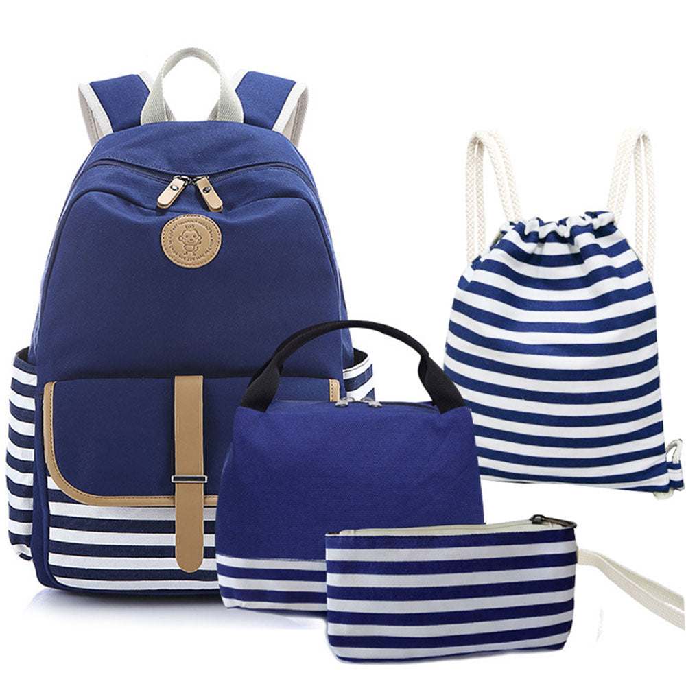 Cute Teen USB Backpack Set Striped Lightweight Bookbag with Lunch Bag 4 pcs - mihoodie