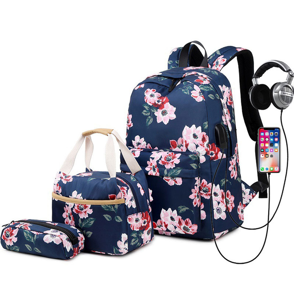 Girls School Backpack Set Floral Bookbag with Lunch Bag Pencil Case Top Level - mihoodie