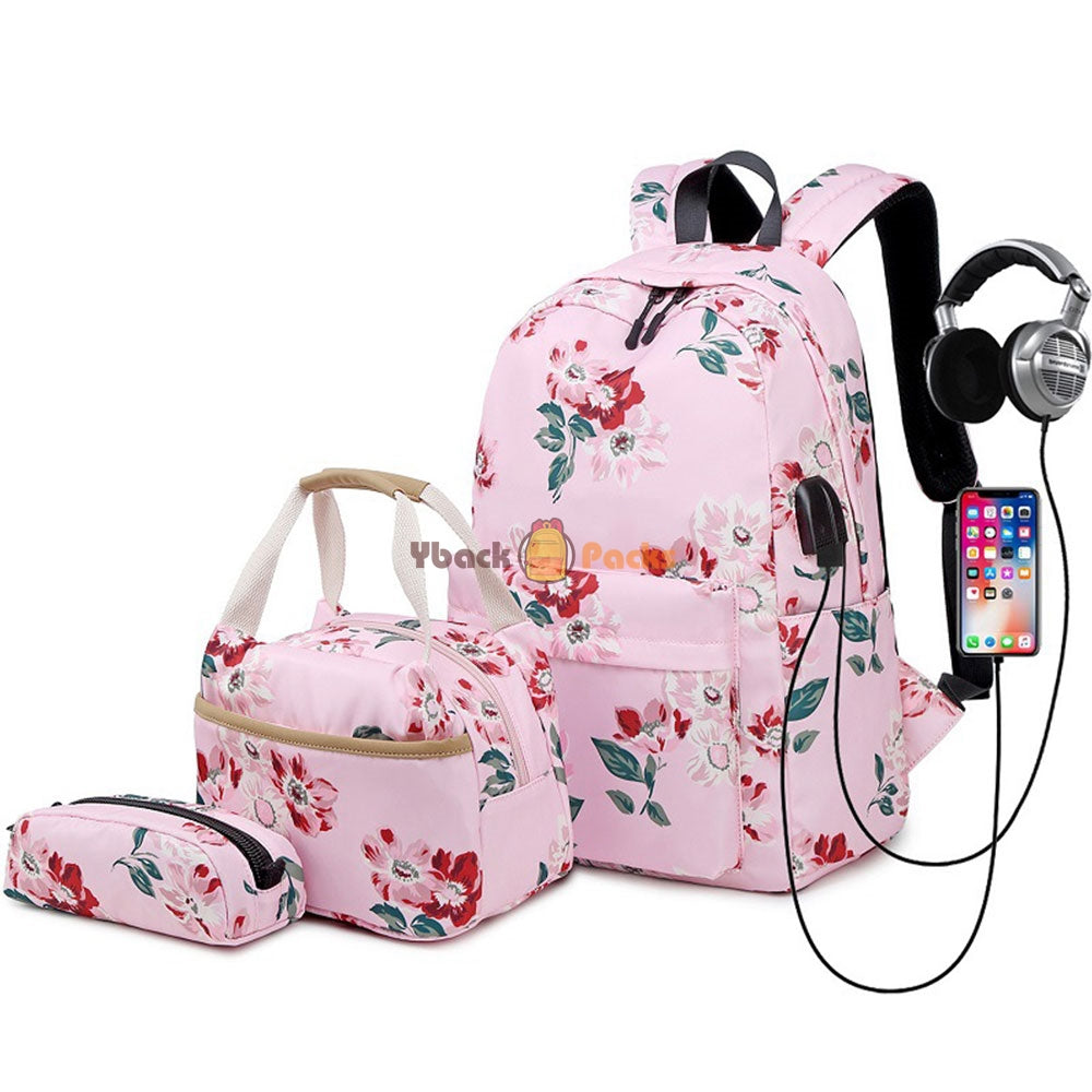 Back to School Backpack Set for Girls 3 Pieces Floral Prints School Bag with USB Charging Port - mihoodie
