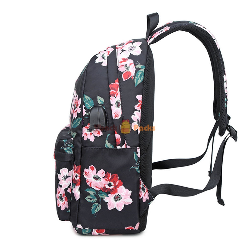 Back to School Backpack Set for Girls 3 Pieces Floral Prints School Bag with USB Charging Port - mihoodie