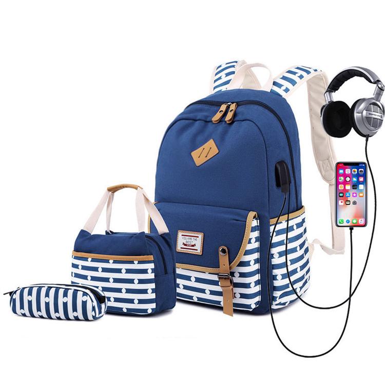 Canvas Backpack Set Large Capacity Casual School Bookbag Travel Bag with USB Charger - mihoodie