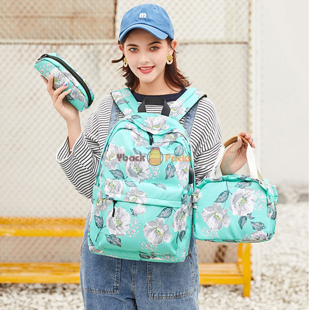 Girls School Backpack Set Floral Bookbag with Lunch Bag Pencil Case Top Level - mihoodie