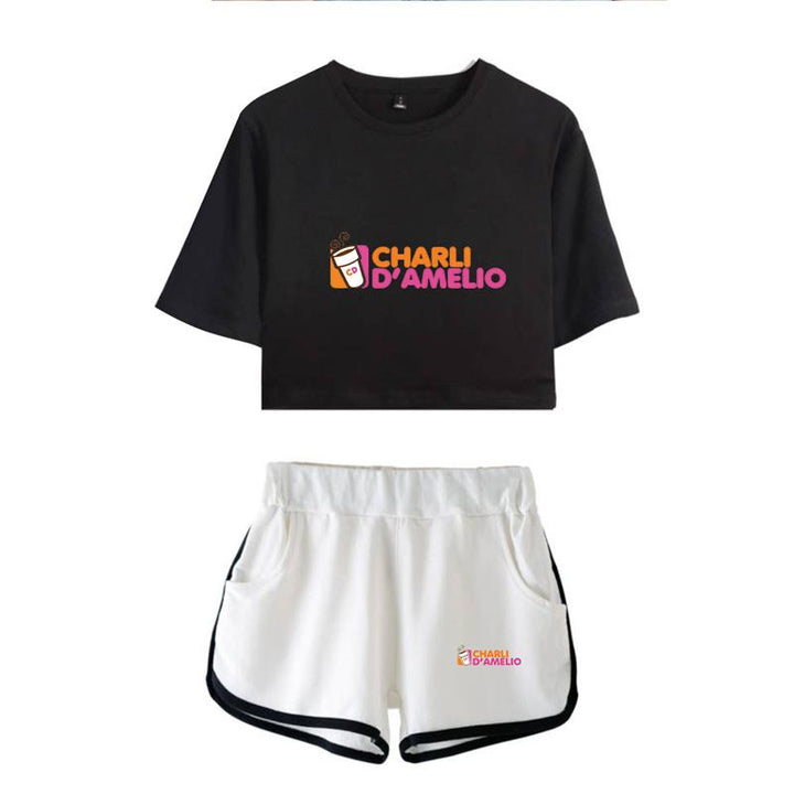 Casual Stylish Charli D'Amelio Midriff-baring Tees Shorts Running Tops Girls Sport Shorts Set - mihoodie