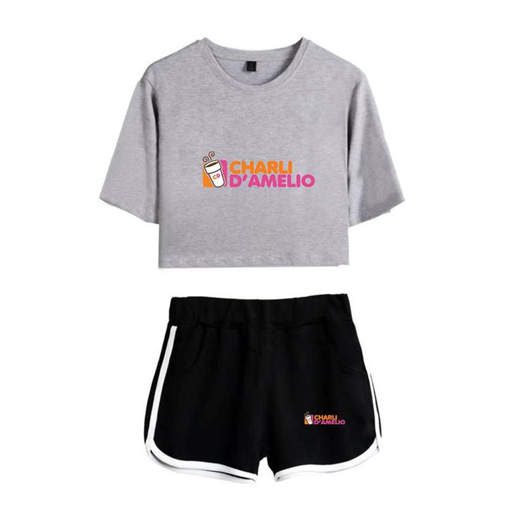 Casual Stylish Charli D'Amelio Midriff-baring Tees Shorts Running Tops Girls Sport Shorts Set - mihoodie