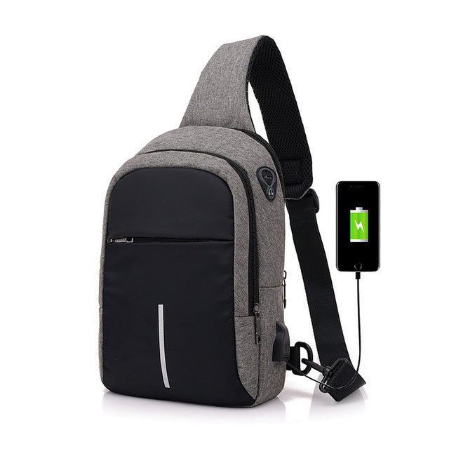 Jsvery 2022 Men&#39;s Canvas Chest Bag External USB Interface Charging Smart Small Backpack Wide Shoulder Strap Zipper Design Men Shoulder Bag - mihoodie