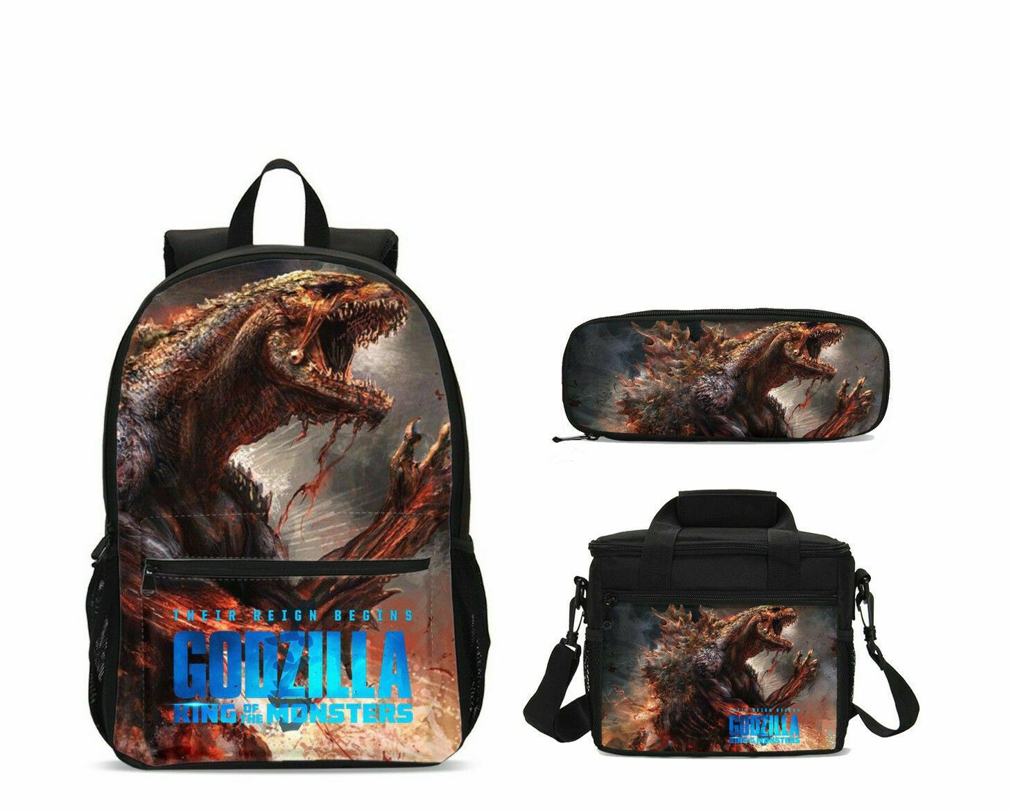 Godzilla King of the Monsters School Bag Backpack With Lunch Bag,Shoulder Bag, Pencil Case 4PCS - mihoodie